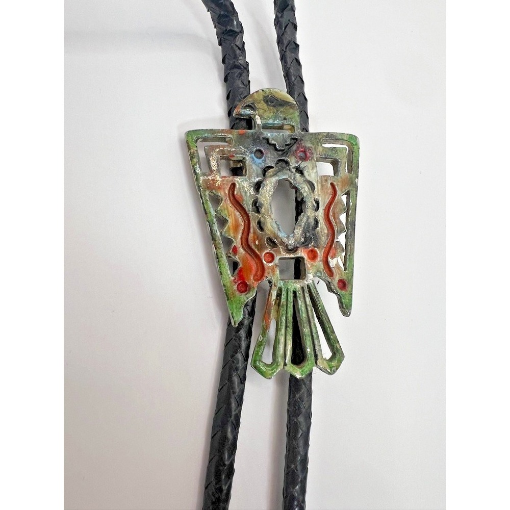 Vintage Bolo Tie Thunderbird Southwestern Enamel Slide Black Cord Western Ranch